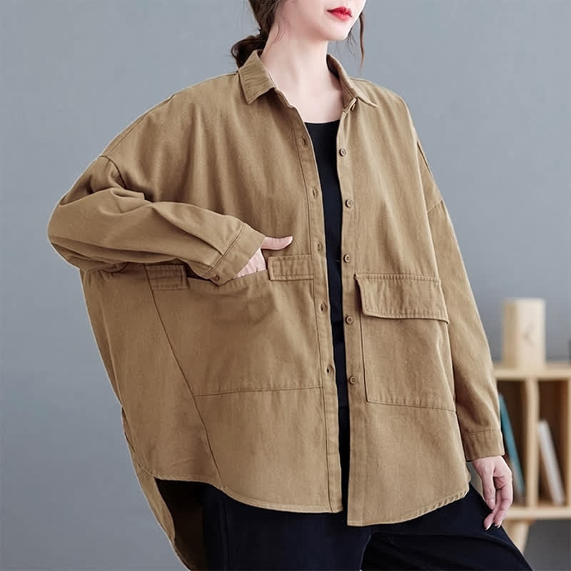 Buddha Stones Spring Fall Basic Minimalist Button-Up Solid Cotton Women's Jacket With Pockets - image 7