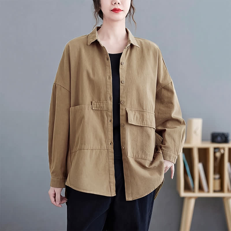 Buddha Stones Spring Fall Basic Minimalist Button-Up Solid Cotton Women's Jacket With Pockets - image 6