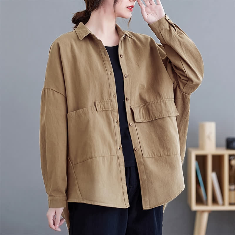 Buddha Stones Spring Fall Basic Minimalist Button-Up Solid Cotton Women's Jacket With Pockets - Tan - US8-10，UK/AU12-14，EU40-42 (2XL) - image 5