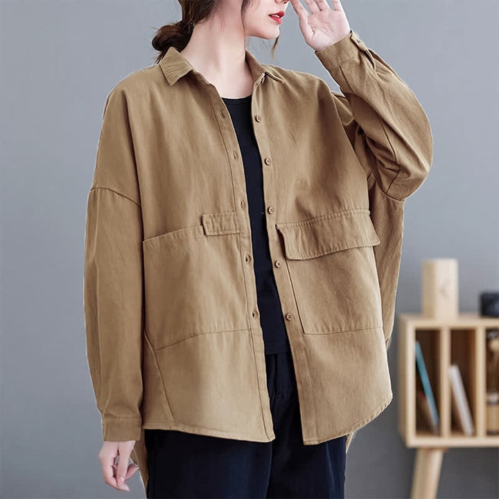 Buddha Stones Spring Fall Basic Minimalist Button-Up Solid Cotton Women's Jacket With Pockets - Tan - US8-10，UK/AU12-14，EU40-42 (2XL) - image 5