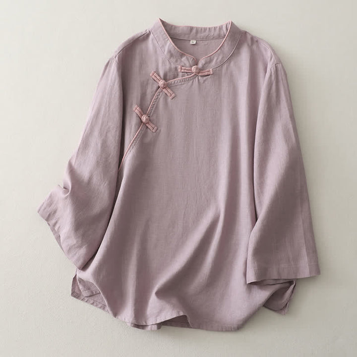 Buddha Stones Spring Fall Casual Vintage Tang Style Frog Button Solid Linen Women's Long Sleeve Shirts - Thistle - US8-10，UK/AU12-14，EU40-42 (2XL) - image 0