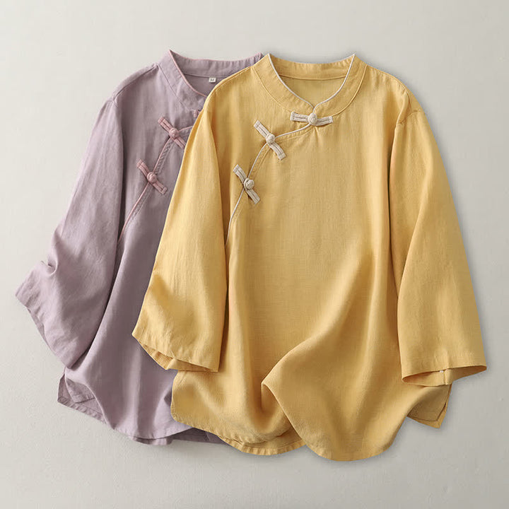 Buddha Stones Spring Fall Casual Vintage Tang Style Frog Button Solid Linen Women's Long Sleeve Shirts - image 7