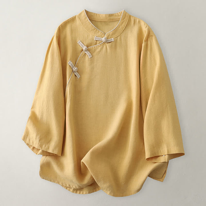 Buddha Stones Spring Fall Casual Vintage Tang Style Frog Button Solid Linen Women's Long Sleeve Shirts - PaleGoldenrod - US8-10，UK/AU12-14，EU40-42 (2XL) - image 5