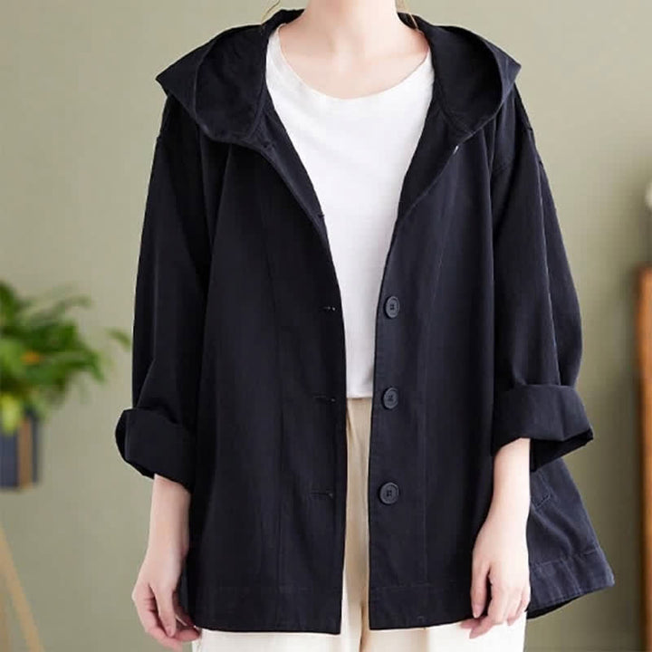 Buddha Stones Spring Fall Casual Minimalist Hooded Button-Up Solid Women's Jacket With Pockets - image 4