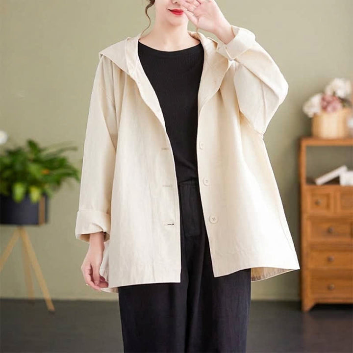 Buddha Stones Spring Fall Casual Minimalist Hooded Button-Up Solid Women's Jacket With Pockets - image 7