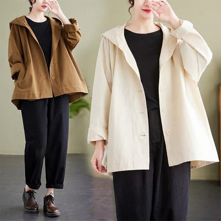 Buddha Stones Spring Fall Casual Minimalist Hooded Button-Up Solid Women's Jacket With Pockets - image 18