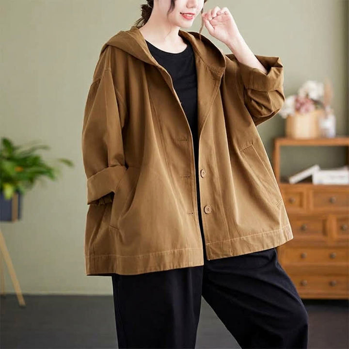 Buddha Stones Spring Fall Casual Minimalist Hooded Button-Up Solid Women's Jacket With Pockets - image 2