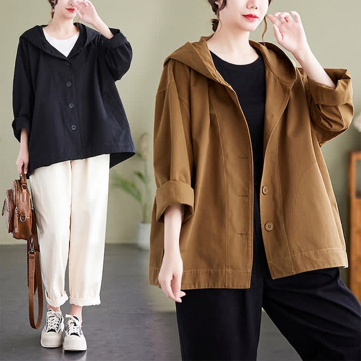 Buddha Stones Spring Fall Casual Minimalist Hooded Button-Up Solid Women's Jacket With Pockets - image 17