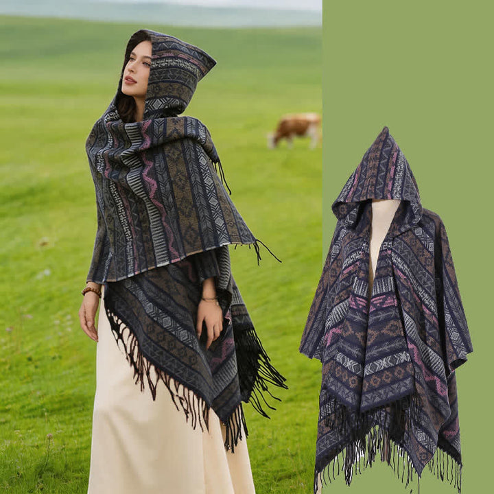Buddha Stones Fall Winter Hooded Geometric Stripe Tassel Poncho Women's Shawl - Gray Pink - 140*159cm - image 15