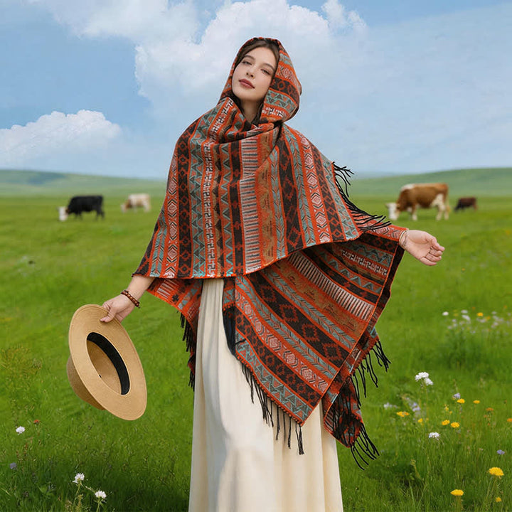 Buddha Stones Fall Winter Hooded Geometric Stripe Tassel Poncho Women's Shawl - Orange - 140*159cm - image 0