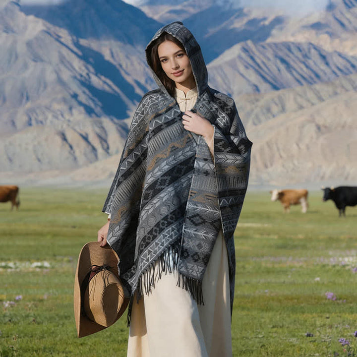 Buddha Stones Fall Winter Hooded Geometric Stripe Tassel Poncho Women's Shawl - image 17
