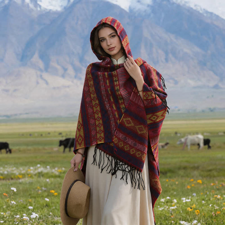 Buddha Stones Fall Winter Hooded Geometric Stripe Tassel Poncho Women's Shawl - image 11