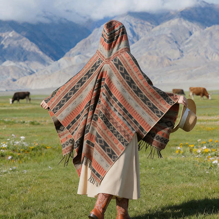 Buddha Stones Fall Winter Hooded Geometric Stripe Tassel Poncho Women's Shawl - image 8