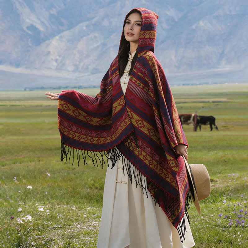 Buddha Stones Fall Winter Hooded Geometric Stripe Tassel Poncho Women's Shawl - image 13