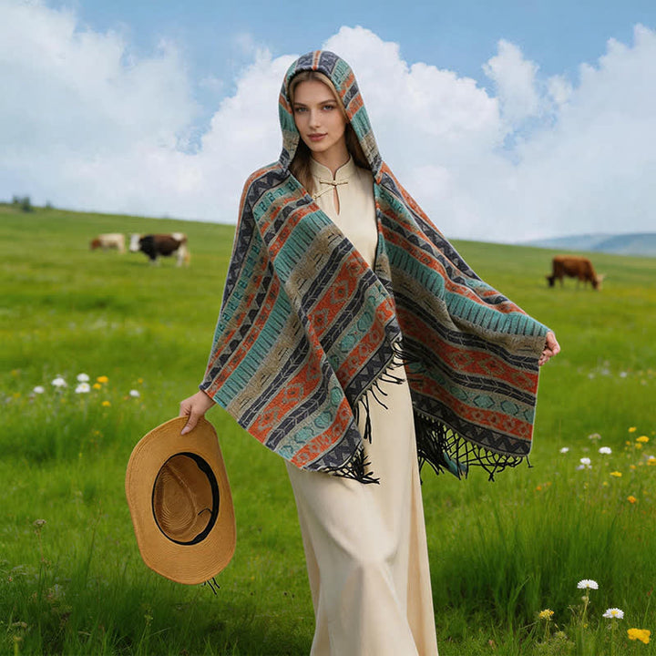 Buddha Stones Fall Winter Hooded Geometric Stripe Tassel Poncho Women's Shawl - image 27