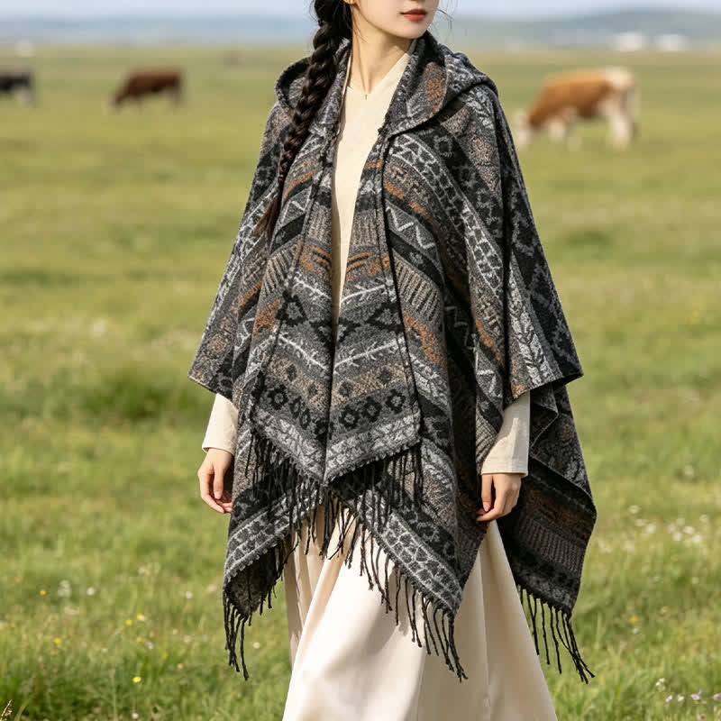 Buddha Stones Fall Winter Hooded Geometric Stripe Tassel Poncho Women's Shawl - image 25