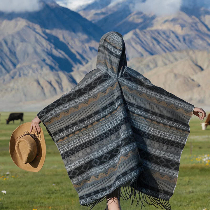 Buddha Stones Fall Winter Hooded Geometric Stripe Tassel Poncho Women's Shawl - image 20