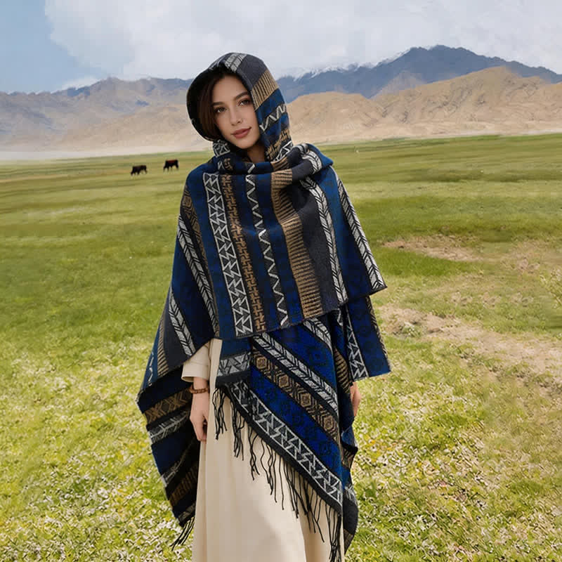 Buddha Stones Fall Winter Hooded Geometric Stripe Tassel Poncho Women's Shawl - image 31