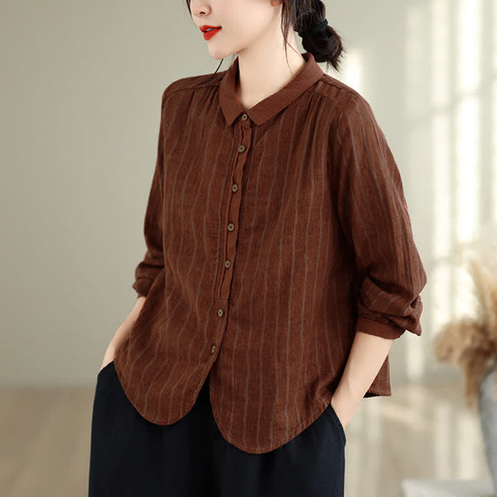 Buddha Stones Fall Casual Vintage Button-Up Striped Women's Long Sleeve Shirts - Sienna - US12, UK/AU16, EU44 (3XL) - image 0