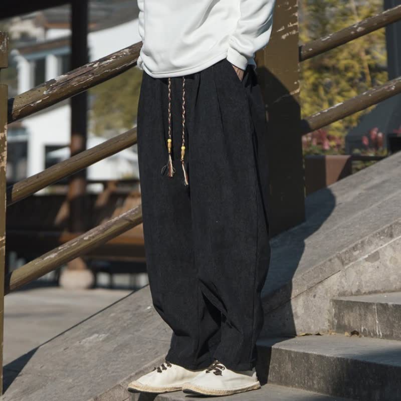 Buddha Stones Fall Winter Casual Retro Drawstring Solid Corduroy Ankle Pants Men's Wide Leg Pants With Pocket - image 12