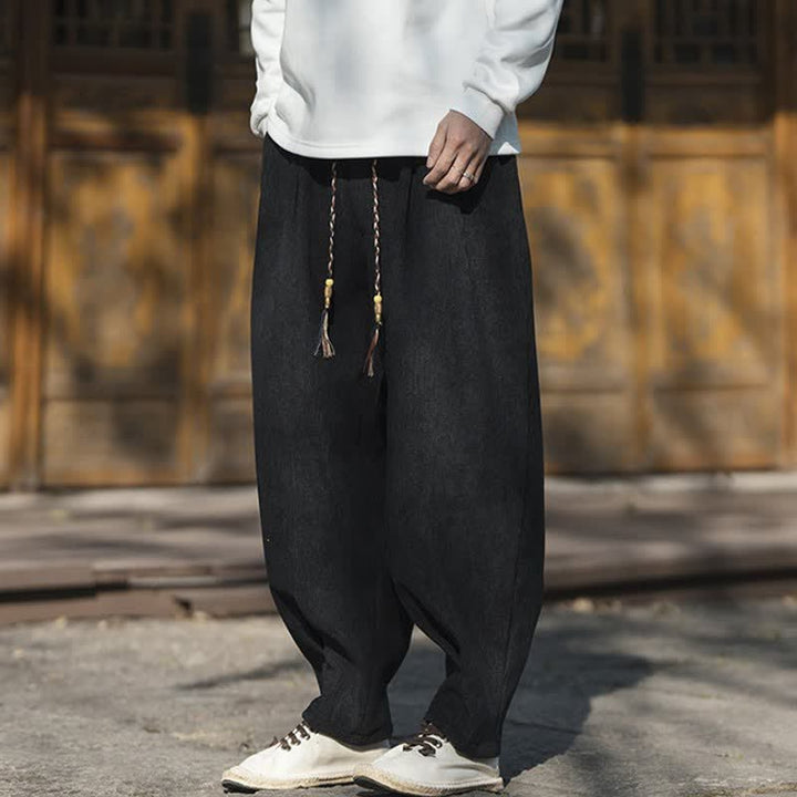 Buddha Stones Fall Winter Casual Retro Drawstring Solid Corduroy Ankle Pants Men's Wide Leg Pants With Pocket - image 10