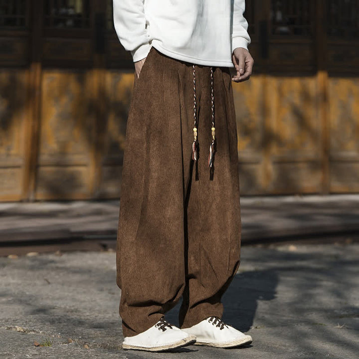 Buddha Stones Fall Winter Casual Retro Drawstring Solid Corduroy Ankle Pants Men's Wide Leg Pants With Pocket - SaddleBrown - US/UK/AU46, EU56 (5XL) - image 0