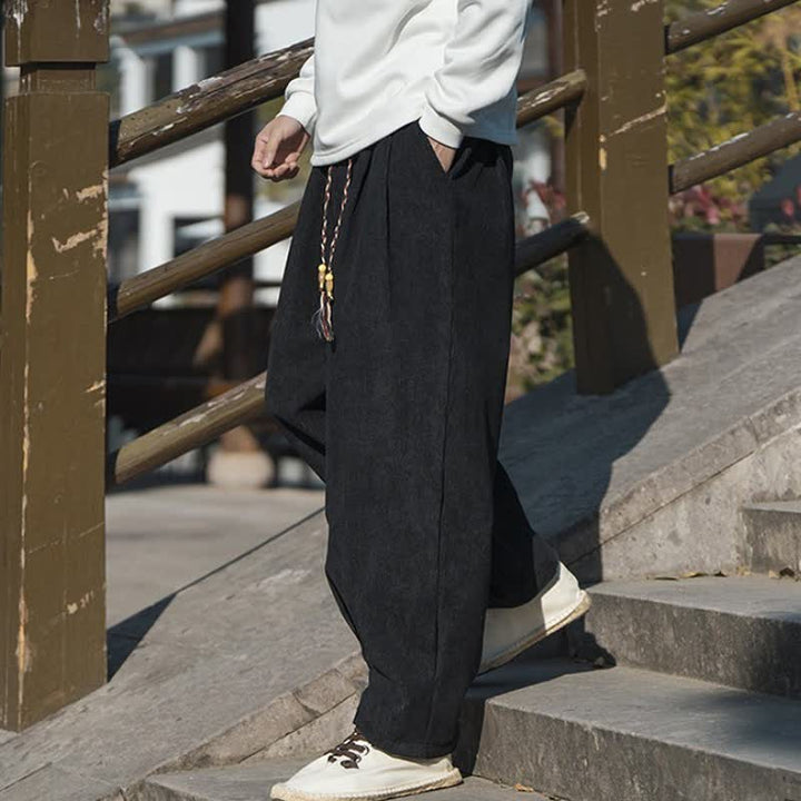 Buddha Stones Fall Winter Casual Retro Drawstring Solid Corduroy Ankle Pants Men's Wide Leg Pants With Pocket - image 14