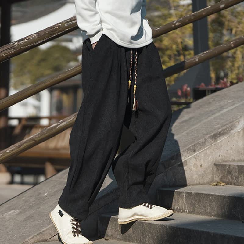 Buddha Stones Fall Winter Casual Retro Drawstring Solid Corduroy Ankle Pants Men's Wide Leg Pants With Pocket - image 13