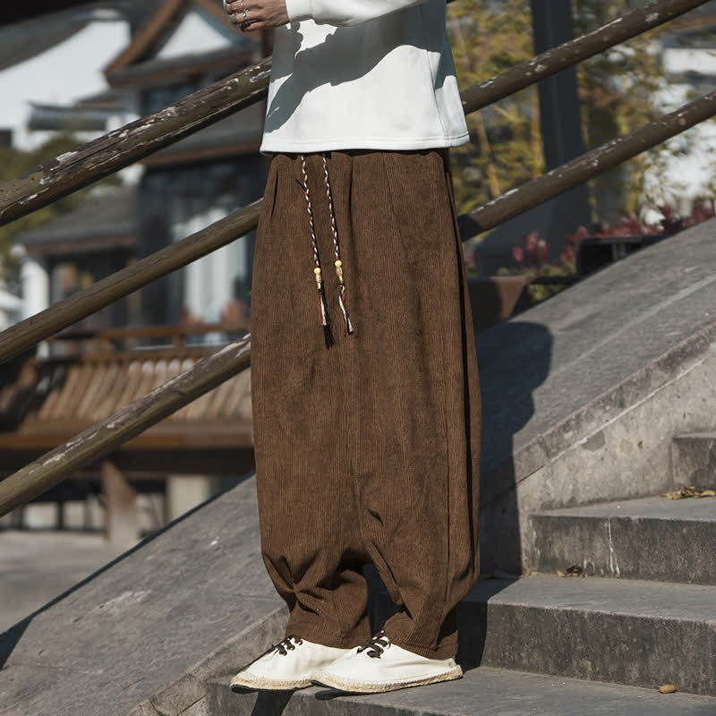 Buddha Stones Fall Winter Casual Retro Drawstring Solid Corduroy Ankle Pants Men's Wide Leg Pants With Pocket - image 4