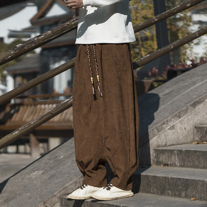 Buddha Stones Fall Winter Casual Retro Drawstring Solid Corduroy Ankle Pants Men's Wide Leg Pants With Pocket - image 4
