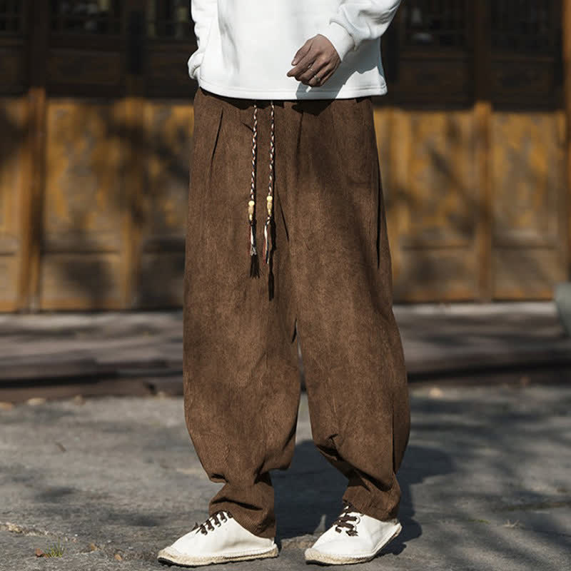 Buddha Stones Fall Winter Casual Retro Drawstring Solid Corduroy Ankle Pants Men's Wide Leg Pants With Pocket - image 1