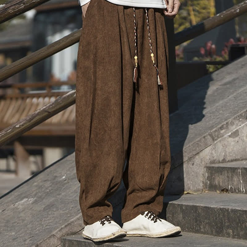 Buddha Stones Fall Winter Casual Retro Drawstring Solid Corduroy Ankle Pants Men's Wide Leg Pants With Pocket - image 6