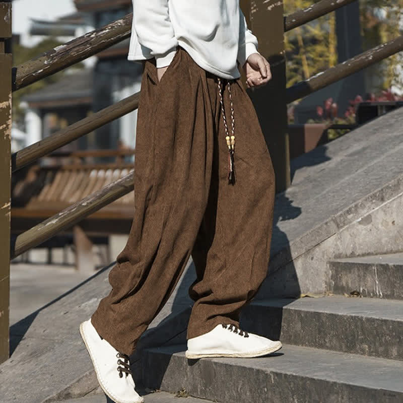 Buddha Stones Fall Winter Casual Retro Drawstring Solid Corduroy Ankle Pants Men's Wide Leg Pants With Pocket - image 5