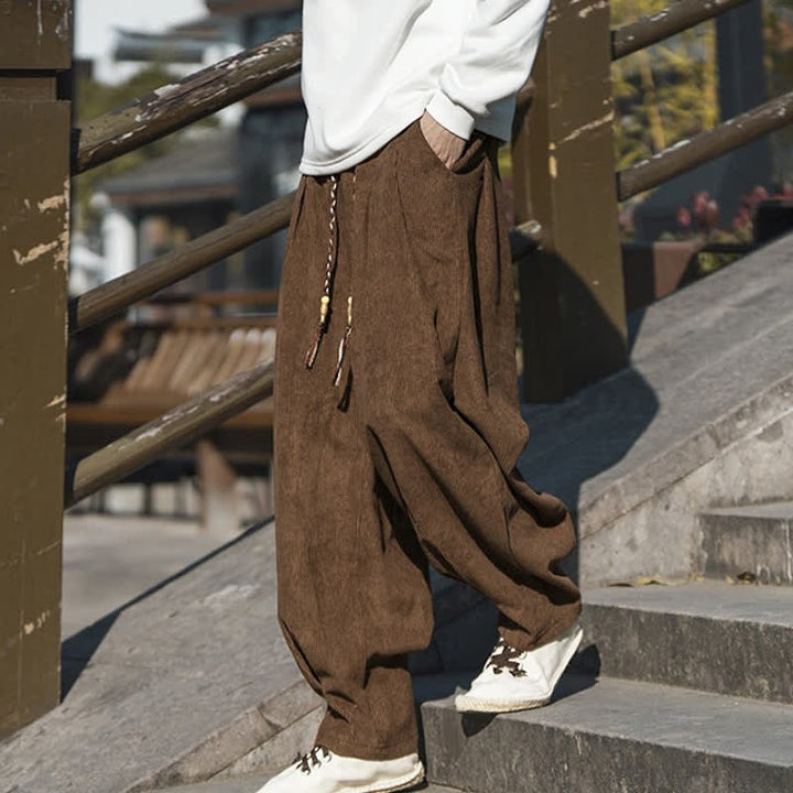 Buddha Stones Fall Winter Casual Retro Drawstring Solid Corduroy Ankle Pants Men's Wide Leg Pants With Pocket - image 7
