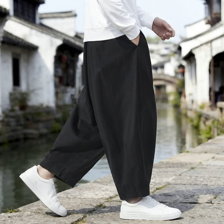 Buddha Stones Fall Casual Minimalist Drawstring Solid Cropped Pants Men's Straight Leg Pants With Pockets - image 2