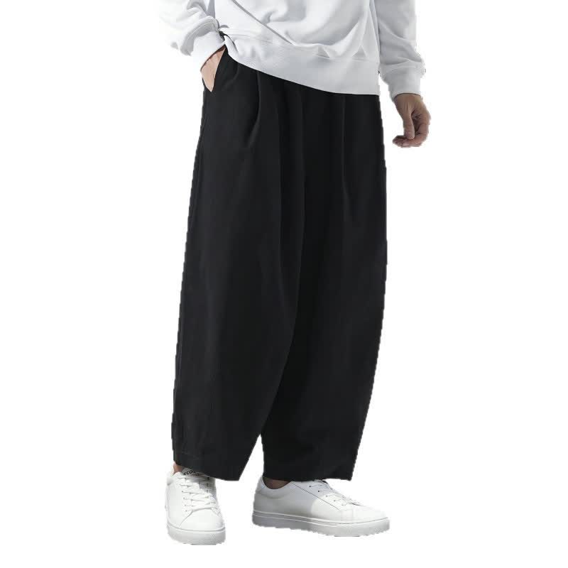 Buddha Stones Fall Casual Minimalist Drawstring Solid Cropped Pants Men's Straight Leg Pants With Pockets - image 3