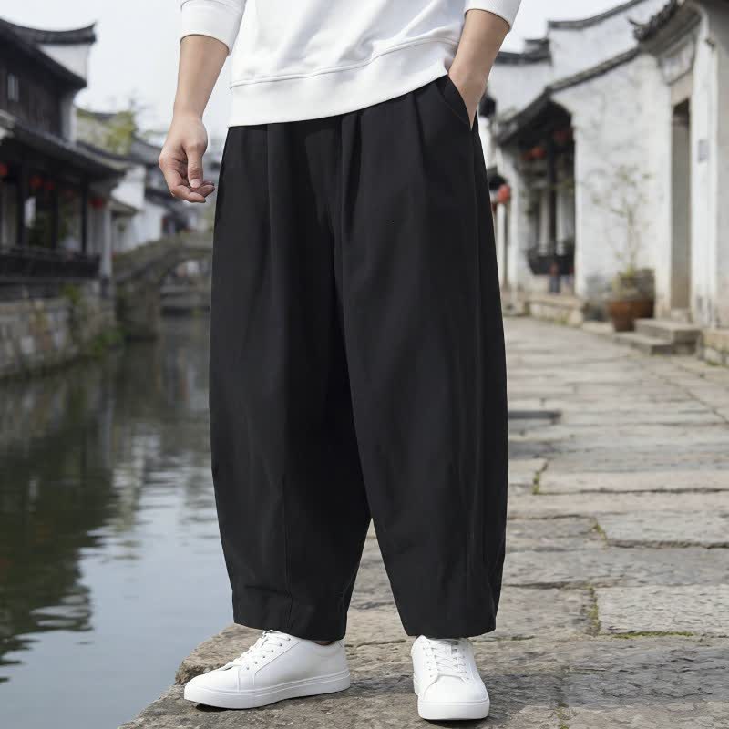 Buddha Stones Fall Casual Minimalist Drawstring Solid Cropped Pants Men's Straight Leg Pants With Pockets - image 12