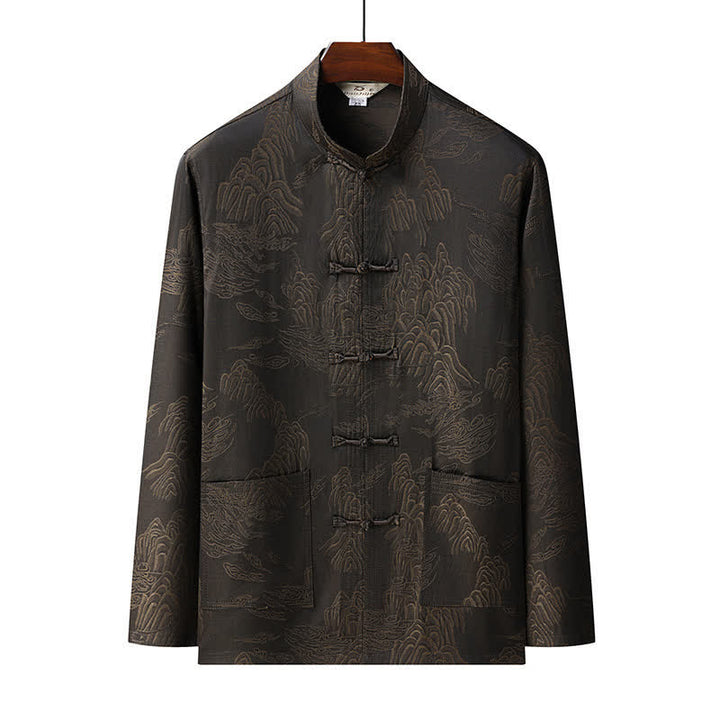 Buddha Stones 2Pcs Spring Fall Tang Style Classic Mandarin Collar Cloud Pattern Men's Meditation Cloth With Pockets - image 1