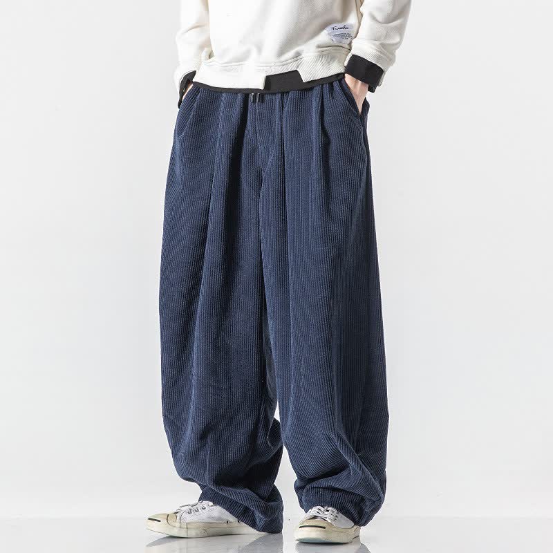 Buddha Stones Fall Winter Casual Vintage Drawstring Solid Long Pants Corduroy Men's Straight Leg Pants With Pockets - MidnightBlue - US/UK/AU46，EU56 (5XL) - image 0
