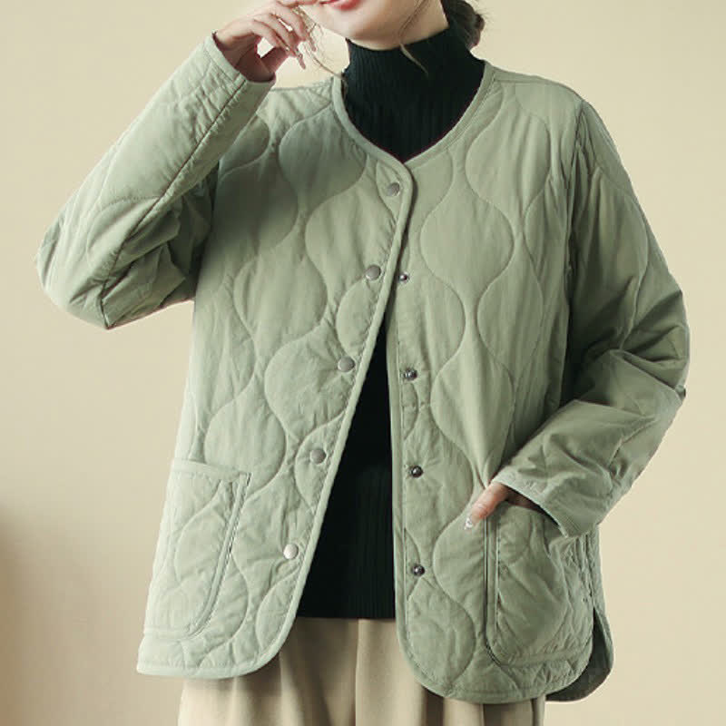 Buddha Stones Fall Winter Casual Minimalist Button-Up Geometric Curved Lines Women's Jacket With Pockets - image 1