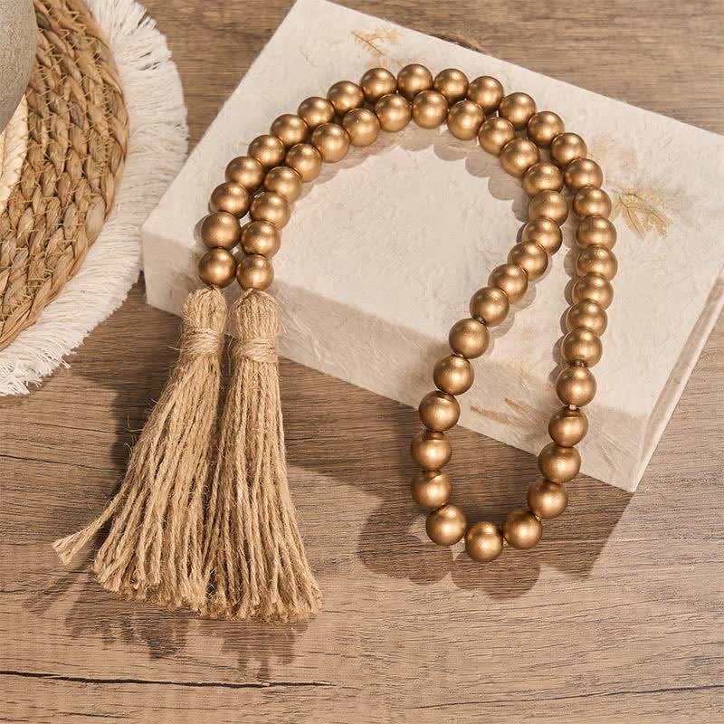 Buddha Stones Gold Rustic Wooden Bead Garland with Tassels Mindful Living Decor - image 2