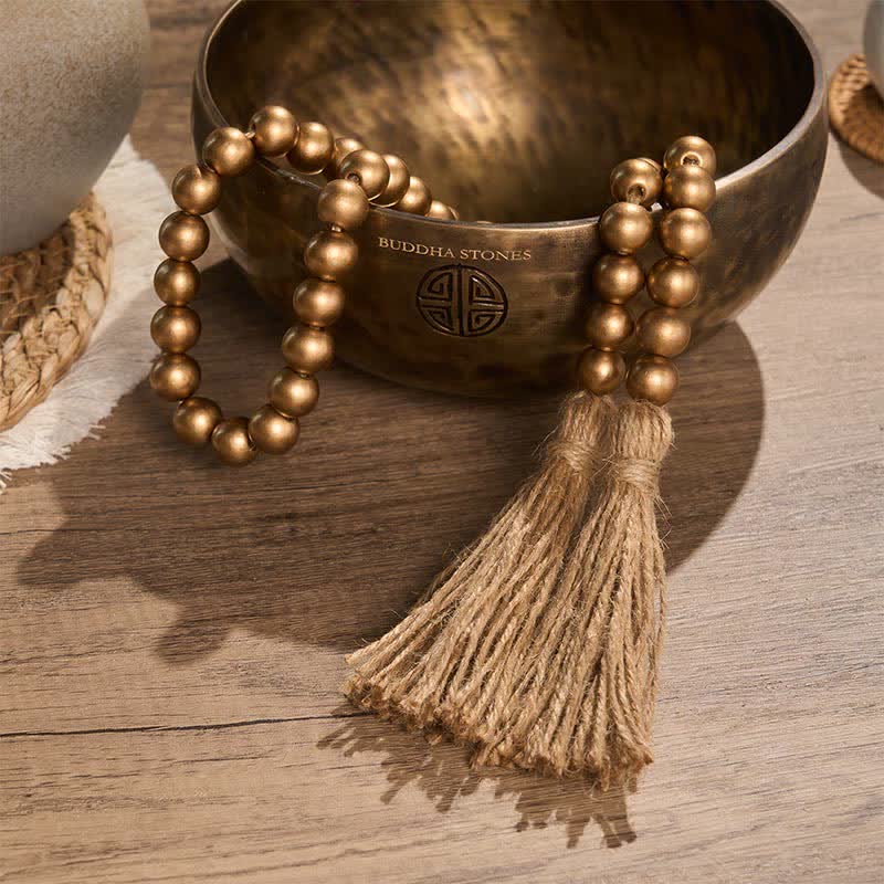 Buddha Stones Gold Rustic Wooden Bead Garland with Tassels Mindful Living Decor - image 4