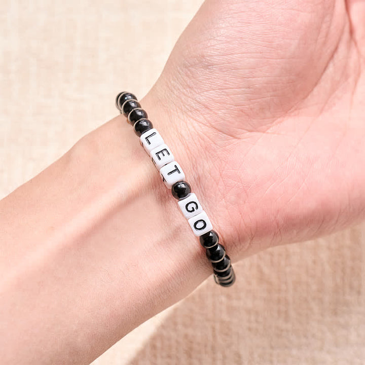 Buddha Stones Black Obsidian LET GO Letters Beads Strength Bracelet - image 3