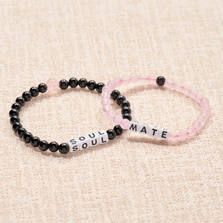 Buddha Stones Black Obsidian Rose Quartz SOUL & MATE Letters Couple Relationships Bracelet - image 0