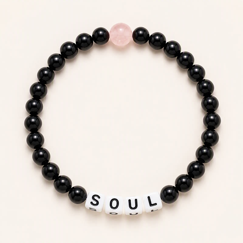 Buddha Stones Black Obsidian Rose Quartz SOUL & MATE Letters Couple Relationships Bracelet - Black Obsidian(Men's Style) - image 1
