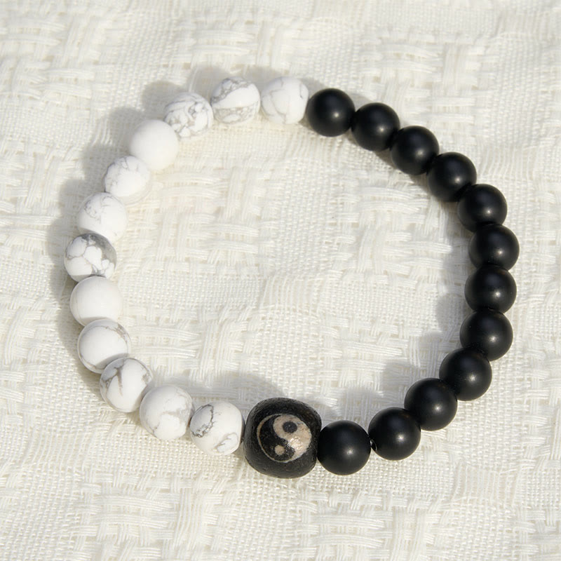 Buddha Stones Black Onyx White Turquoise Yin Yang Balance Round Bead Bracelet - image 1