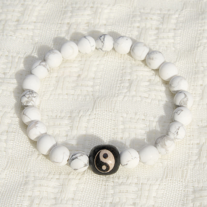 Buddha Stones Black Onyx White Turquoise Yin Yang Balance Round Bead Bracelet - image 11