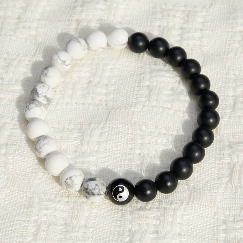Buddha Stones Black Onyx White Turquoise Yin Yang Black Obsidian Round Bead Balance Bracelet - image 18
