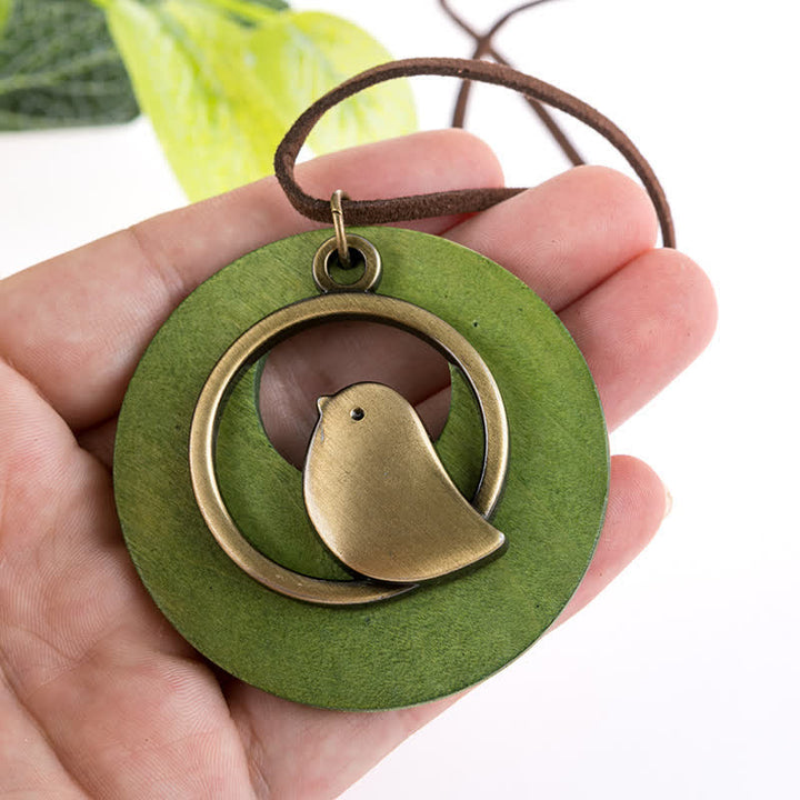 Buddha Stones Vintage Round Wood Bird Charm Pendant Necklace - image 2