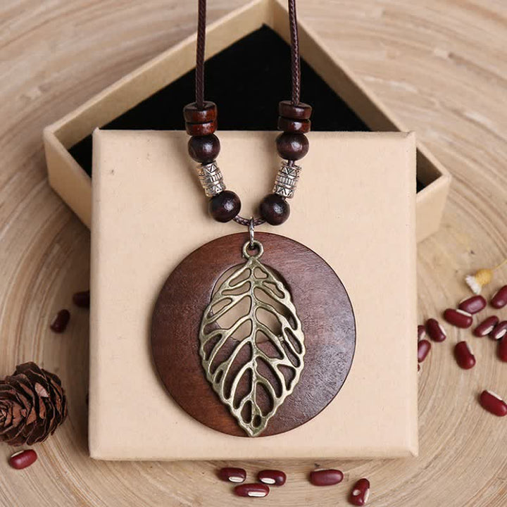 Buddha Stones Leather Wood Tree of Life Connection Pendant Necklace - Gold - image 0